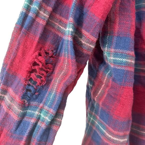 American Eagle Oversized Hooded Flannel Size S Red Blue Plaid Distressed Grunge - Picture 5 of 11